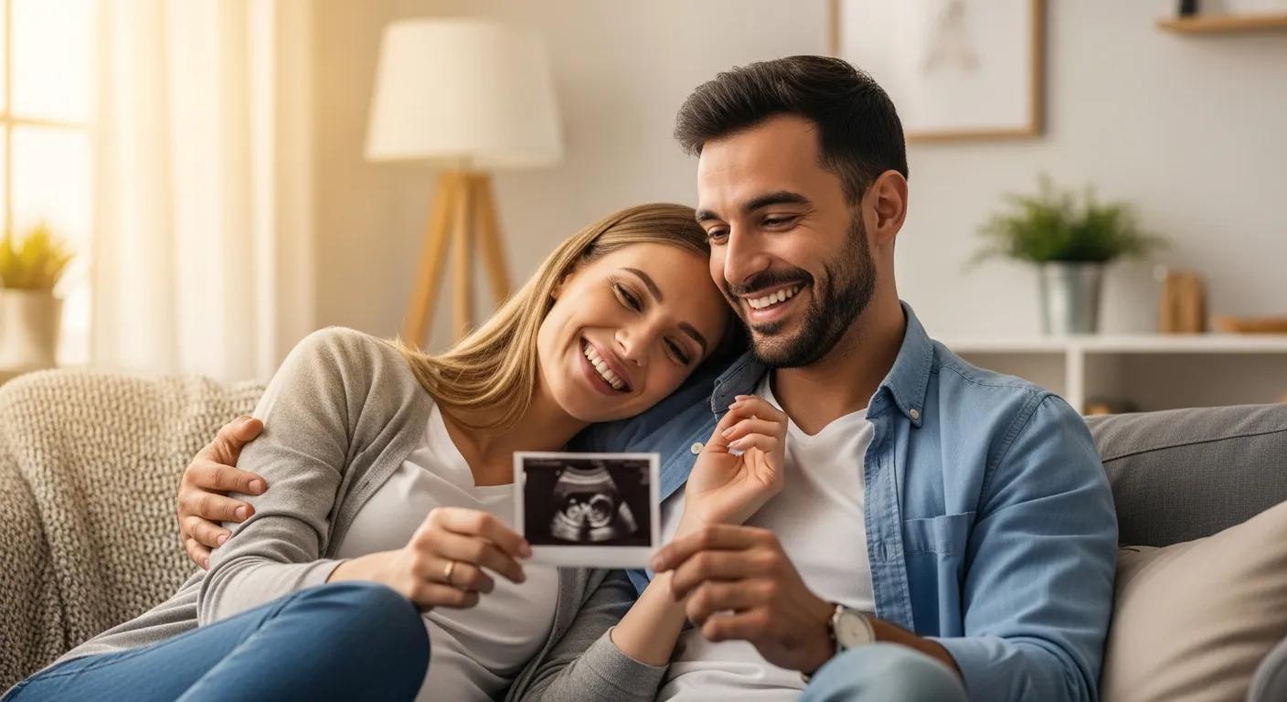 Smiling expectant couple looking at an ultrasound photo together at home — early gender discovery moment